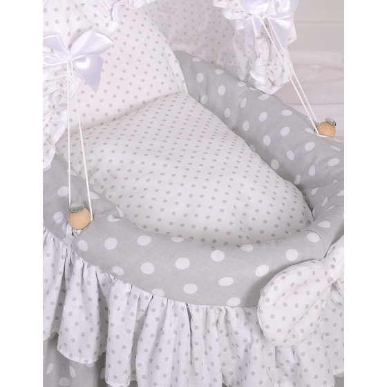 Handmade Wicker crib for doll with hood no. 2158Bedding Set White Dots on Gray