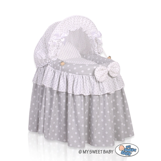 Handmade Wicker crib for doll with hood no. 2158Bedding Set White Dots on Gray