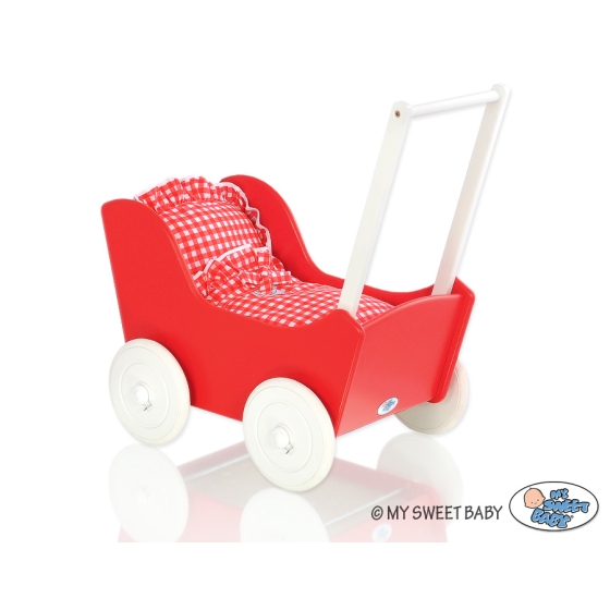 Handmade Wooden Carriage Doll Pram Red Red Check Bedding