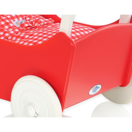 Handmade Wooden Carriage Doll Pram Red Red Check Bedding