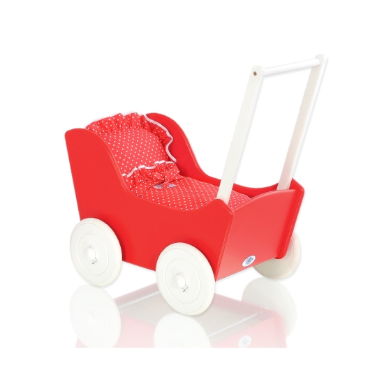 Handmade Wooden Carriage Doll Pram Red Red with White Dots