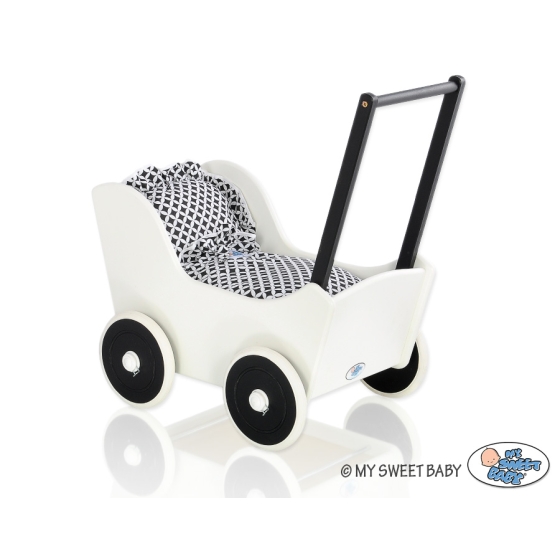 Handmade wooden Doll pram Black White -746