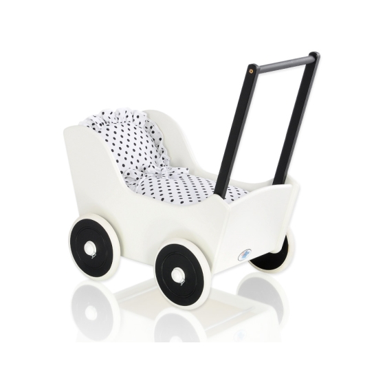 Handmade wooden Doll pram Black White White with Black Dots Bedding Set
