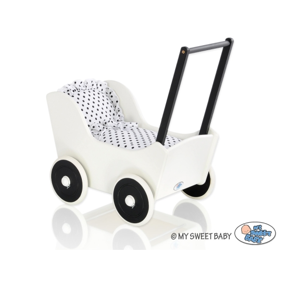 Handmade wooden Doll pram Black White White with Black Dots Bedding Set