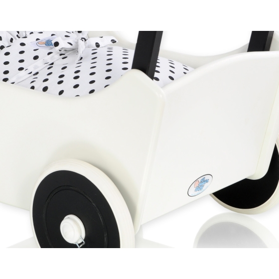 Handmade wooden Doll pram Black White White with Black Dots Bedding Set