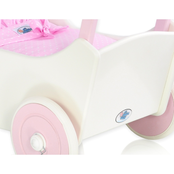 Handmade Wooden Doll's Pram White with Pink -530