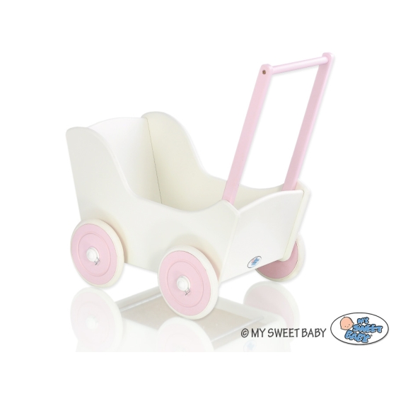 Handmade Wooden Doll's Pram White with Pink