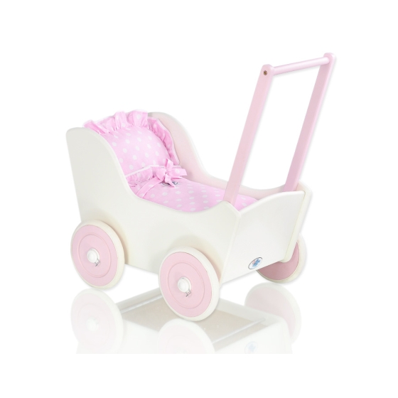 Handmade Wooden Doll's Pram White with Pink Bedding Set White Dots on Pink