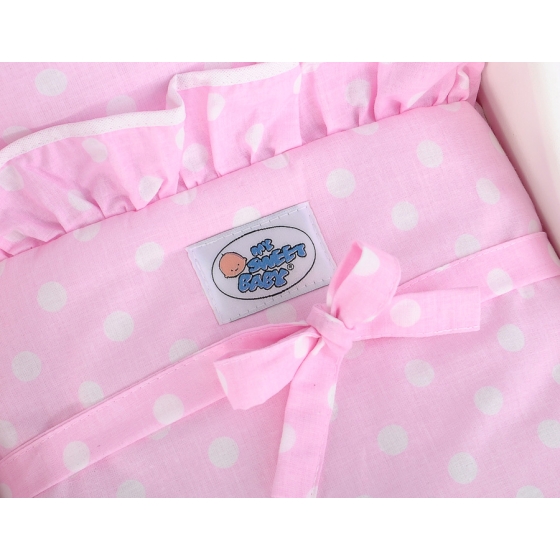 Handmade Wooden Doll's Pram White with Pink Bedding Set White Dots on Pink