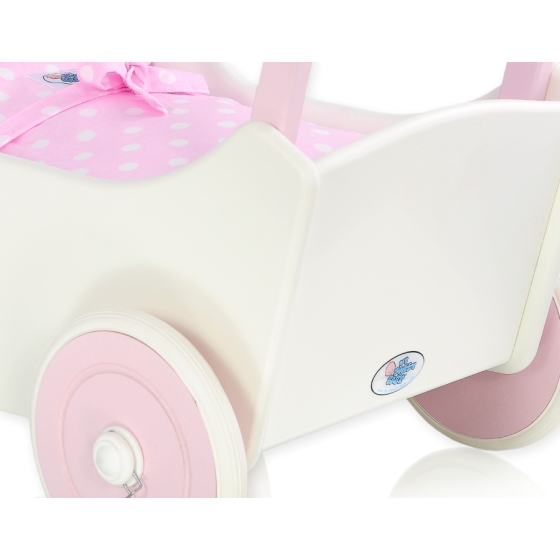Handmade Wooden Doll's Pram White with Pink Bedding Set White Dots on Pink