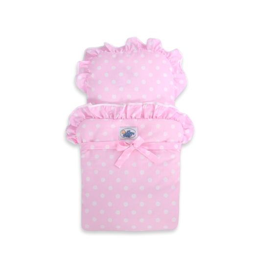 Handmade Wooden Doll's Pram White with Pink Bedding Set White Dots on Pink