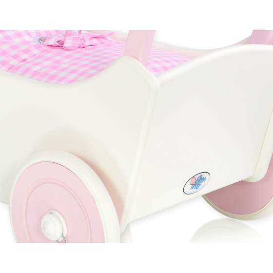 Handmade Wooden Doll's Pram White with Pink Pink White Checkered Bedding Set