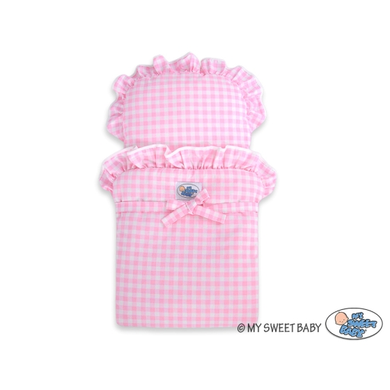 Handmade Wooden Doll's Pram White with Pink Pink White Checkered Bedding Set
