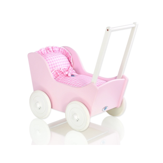 Handmade Wooden Pink Pram for Dolls Pink White Checkered Bedding Set