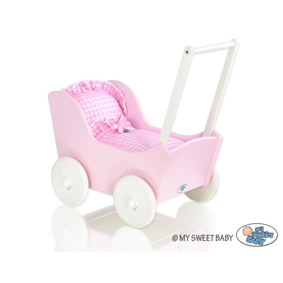 Handmade Wooden Pink Pram for Dolls Pink White Checkered Bedding Set