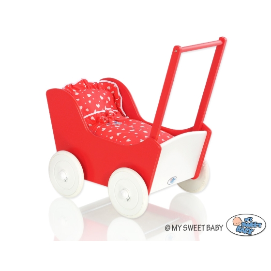 Handmade Wooden Stroller Doll Pram Red White -771