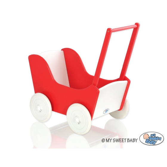 Handmade Wooden Stroller Doll Pram Red White
