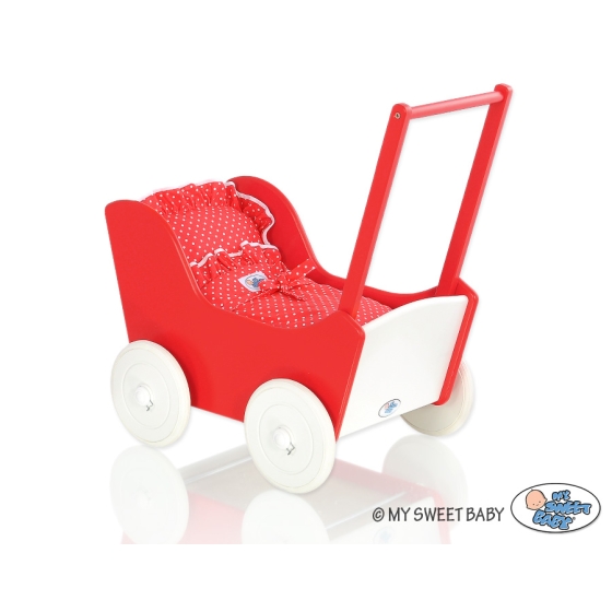 Handmade Wooden Stroller Doll Pram Red White Red with White Dots