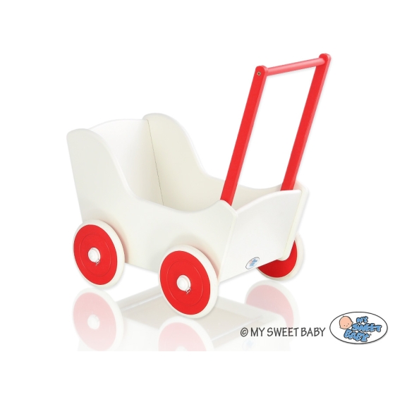 Handmade Wooden Stroller Doll Pram White with Red
