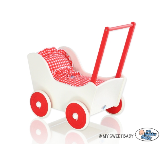 Handmade Wooden Stroller Doll Pram White with Red Red Check Bedding