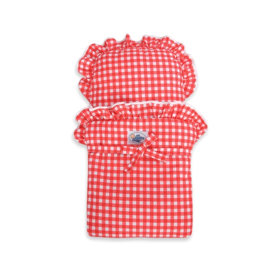 Handmade Wooden Stroller Doll Pram White with Red Red Check Bedding