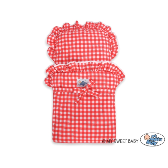 Handmade Wooden Stroller Doll Pram White with Red Red Check Bedding