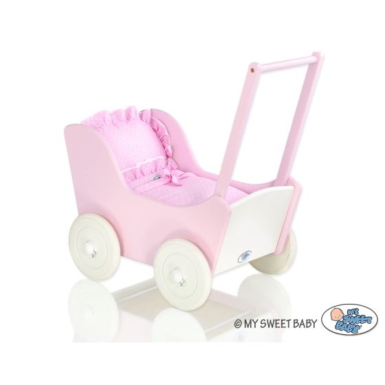 Handmade Wooden Stroller for Dolls Pink White -530