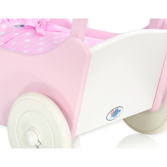 Handmade Wooden Stroller for Dolls Pink White Bedding Set White Dots on Pink