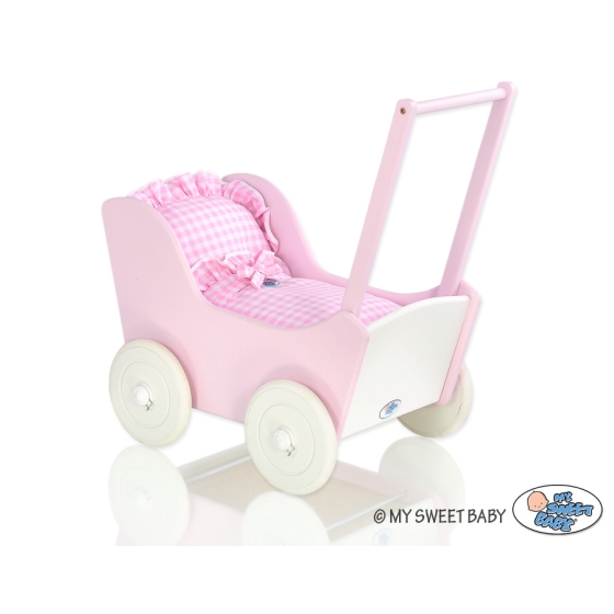 Handmade Wooden Stroller for Dolls Pink White Pink White Checkered Bedding Set