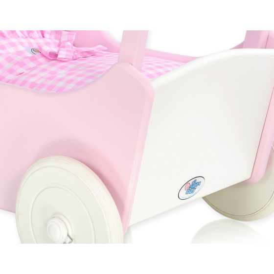 Handmade Wooden Stroller for Dolls Pink White Pink White Checkered Bedding Set
