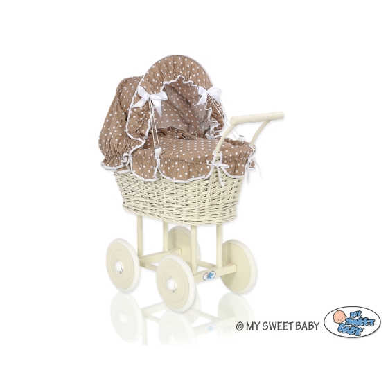 Ivory Wicker Doll Pram Stroller Retro Style Bedding Set White Dots on Brown