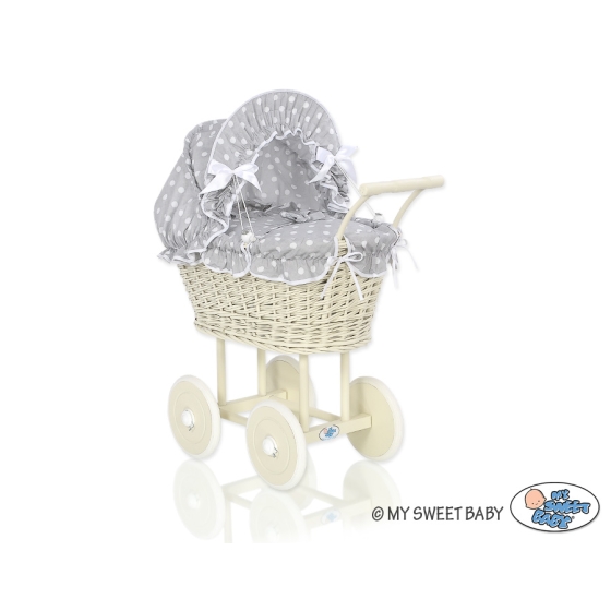 Ivory Wicker Doll Pram Stroller Retro Style Bedding Set White Dots on Gray