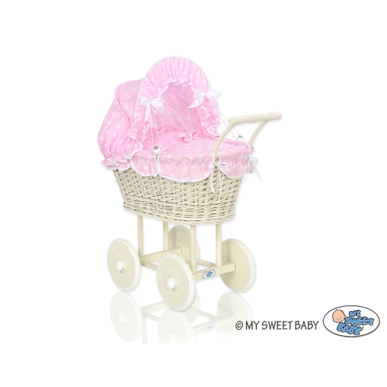 Ivory Wicker Doll Pram Stroller Retro Style Bedding Set White Dots on Pink