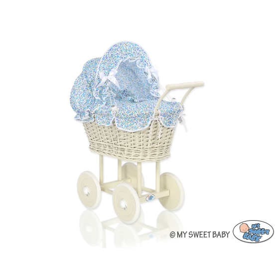 Ivory Wicker Doll Pram Stroller Retro Style Blue Flowers Bedding Set