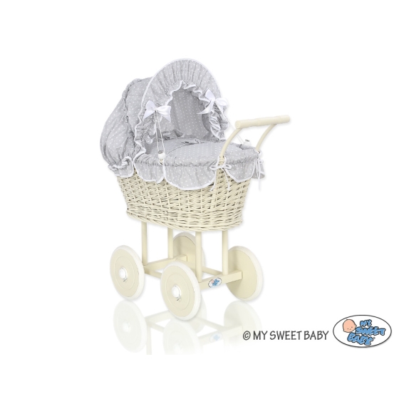 Ivory Wicker Doll Pram Stroller Retro Style Gray with White Dots Bedding Set