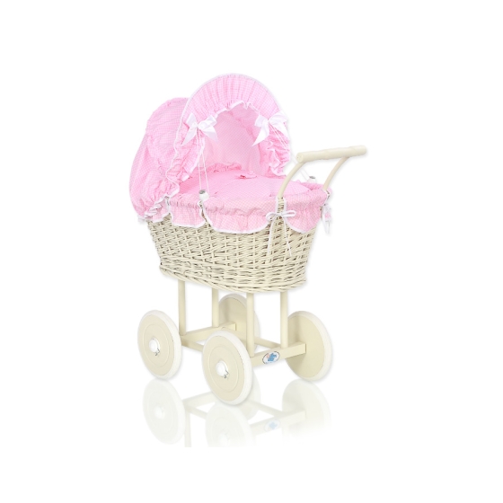 Ivory Wicker Doll Pram Stroller Retro Style Pink checkered Bedding
