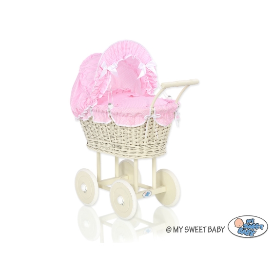 Ivory Wicker Doll Pram Stroller Retro Style Pink checkered Bedding