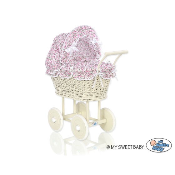 Ivory Wicker Doll Pram Stroller Retro Style Pink Flowers Bedding Set