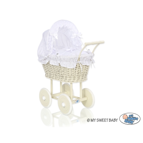 Ivory Wicker Doll Pram Stroller Retro Style White Bedding Set