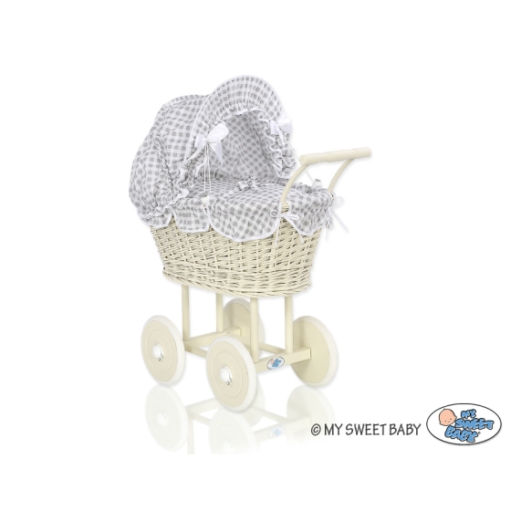 Ivory Wicker Doll Pram Stroller Retro Style White Gray Checkered