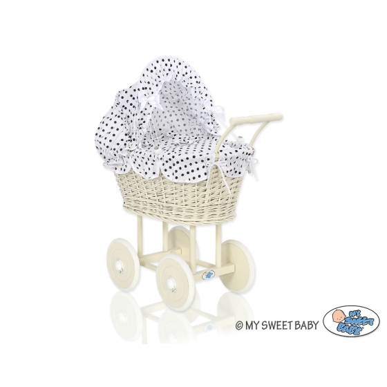 Ivory Wicker Doll Pram Stroller Retro Style White with Black Dots Bedding Set