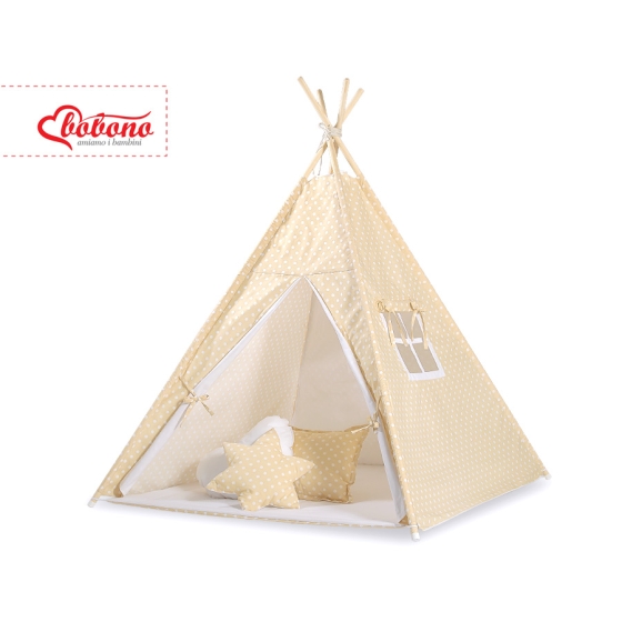 Kids Teepee Tent + decorative feathers- White dots on beige