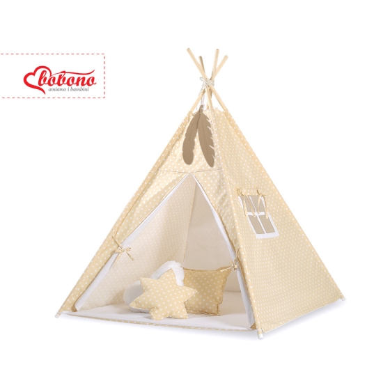 Kids Teepee Tent + decorative feathers- White dots on beige
