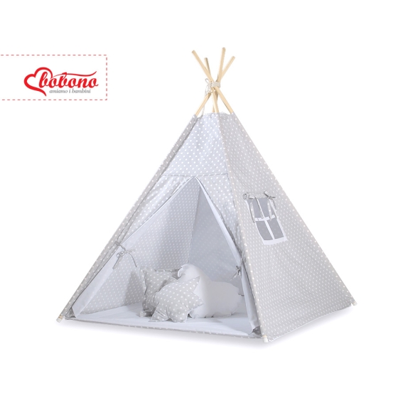 Kids Teepee Tent + decorative feathers- White dots on Gray