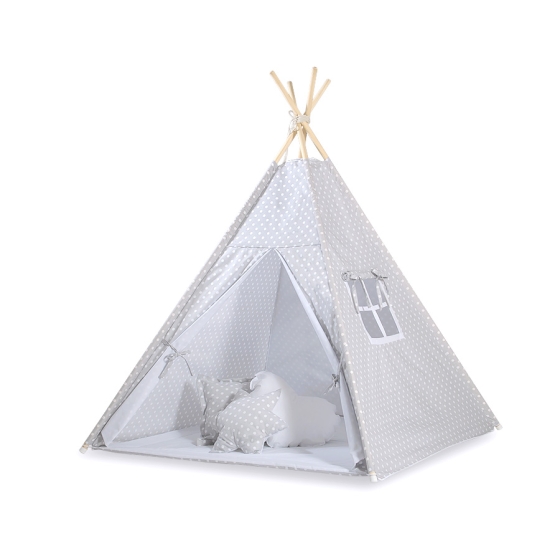Kids Teepee Tent + decorative feathers- White dots on Gray
