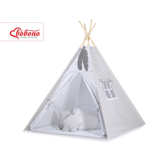 Kids Teepee Tent + decorative feathers- White dots on Gray