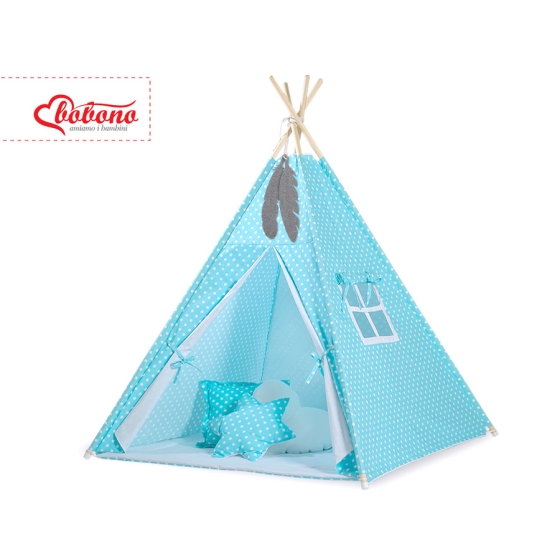 Kids Teepee Tent + decorative feathers- White dots on turquoise