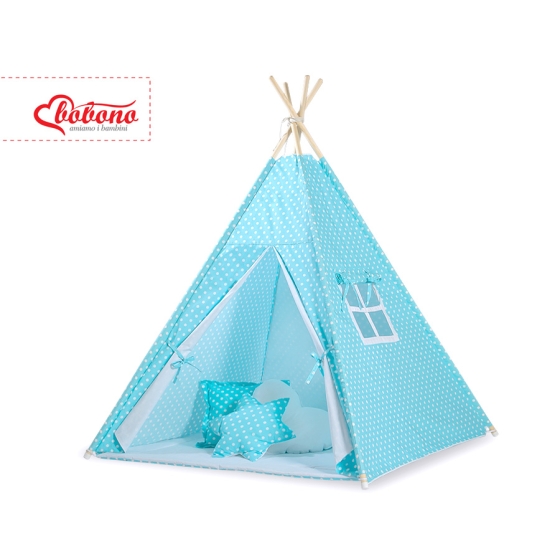 Kids Teepee Tent + decorative feathers- White dots on turquoise