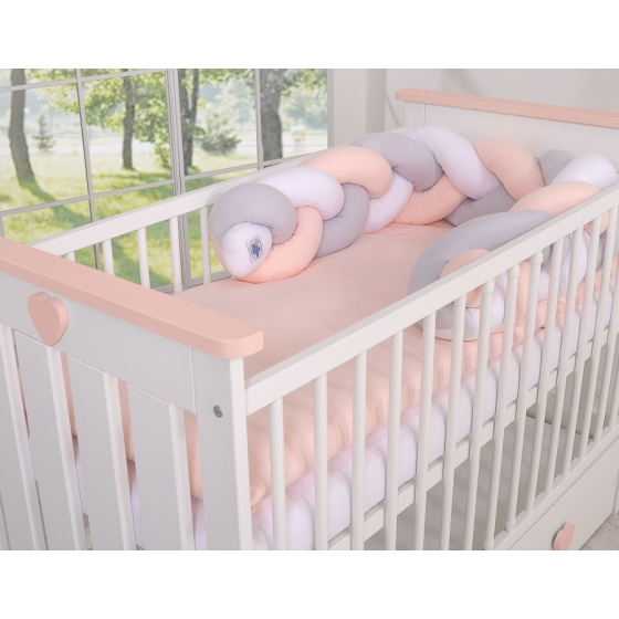 Knot Braided Crib Bumper 1,8m - white-gray-powder pink