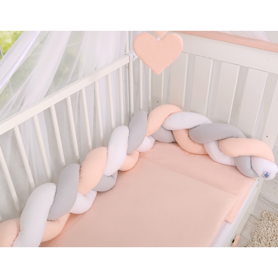 Knot Braided Crib Bumper 1,8m - white-gray-powder pink